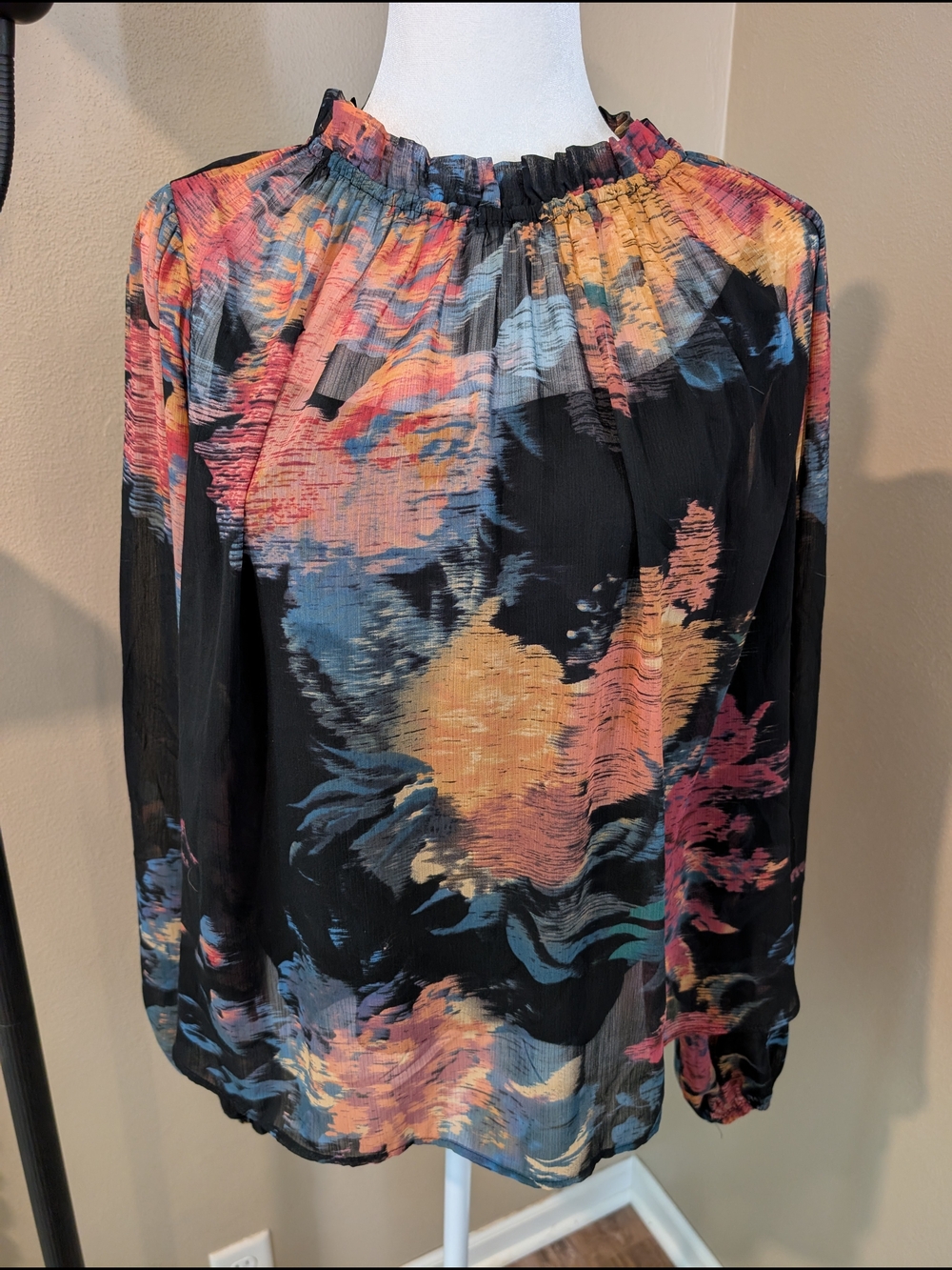 Rachel Zoe Black Floral Print Long-Sleeve Blouse with Multicolor Accents